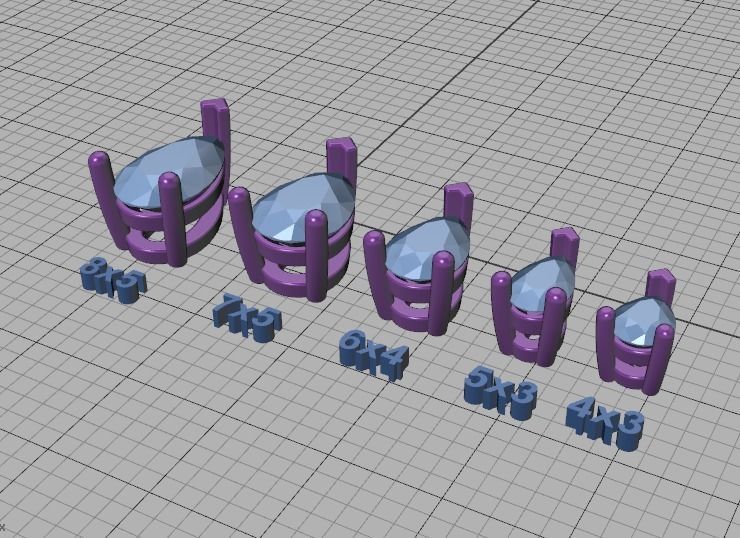 Pear Cut Gems 3prong Heads 8x5 7x5 6x4 5x3 4x3 Collection 3D print model_33