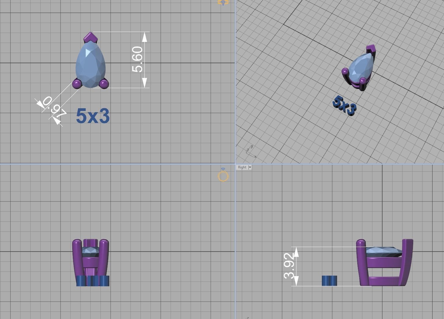 Pear Cut Gems 3prong Heads 8x5 7x5 6x4 5x3 4x3 Collection 3D print model_10