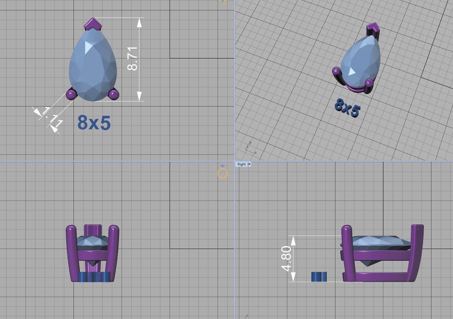 Pear Cut Gems 3prong Heads 8x5 7x5 6x4 5x3 4x3 Collection 3D print model_13