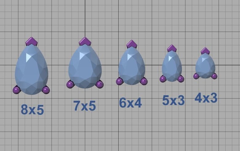 Pear Cut Gems 3prong Heads 8x5 7x5 6x4 5x3 4x3 Collection 3D print model_6