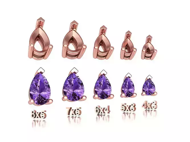Pear Cut Gems 3prong Heads 8x5 7x5 6x4 5x3 4x3 Collection 3D print model