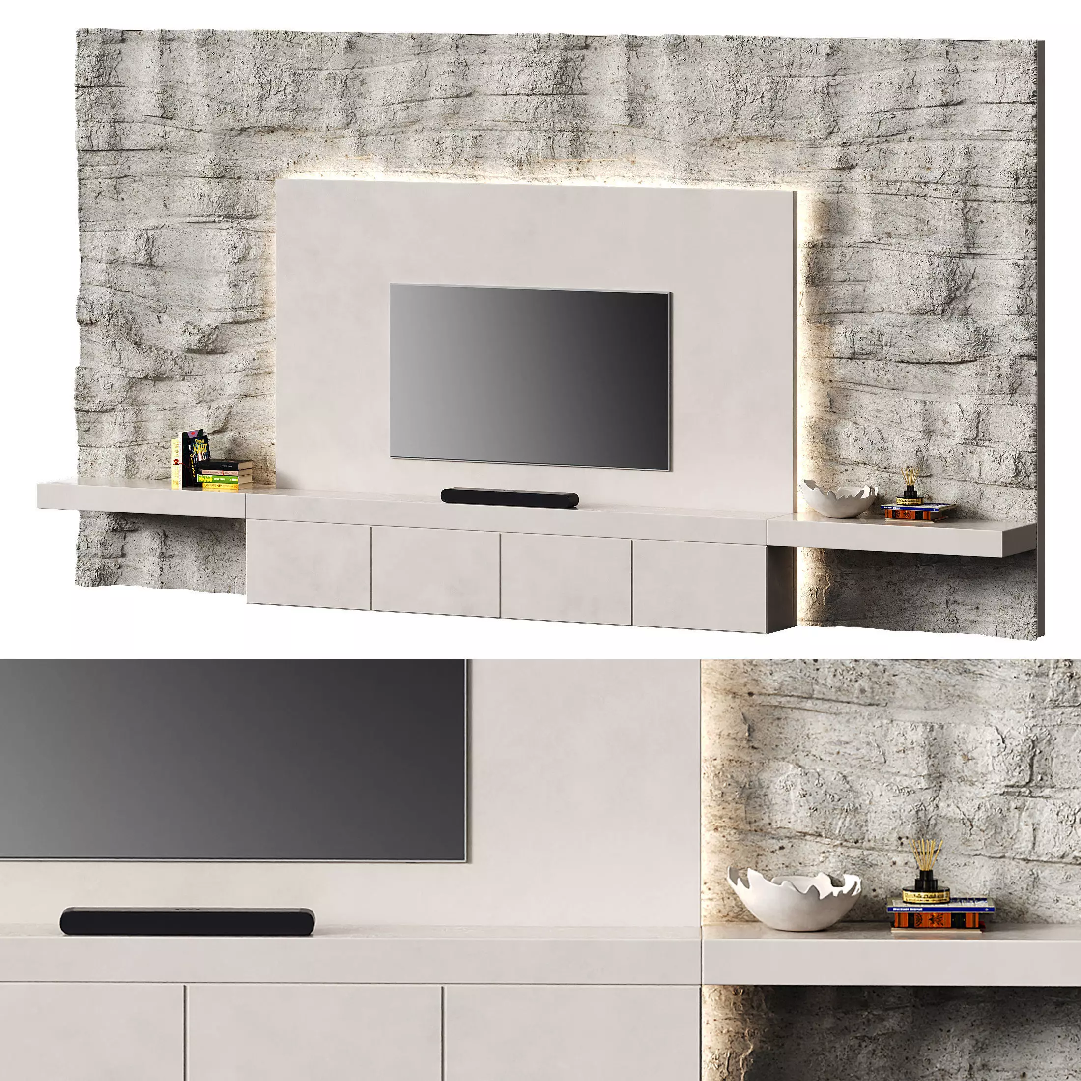 Minimalistic TV wall with a stone surface Low-poly 3D model