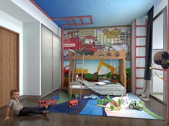 Boy bedroom furniture - Modern Children Room - Bed Room 3D model 2
