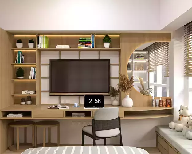 Japandi Studio Apartment - Kitchen - Bedroom - Bathroom Low-poly 3D model
