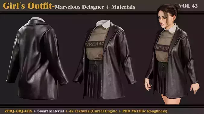 Girls Outfit-Clo3d-Smart Material-Textures-OBJ-FBX  3D model