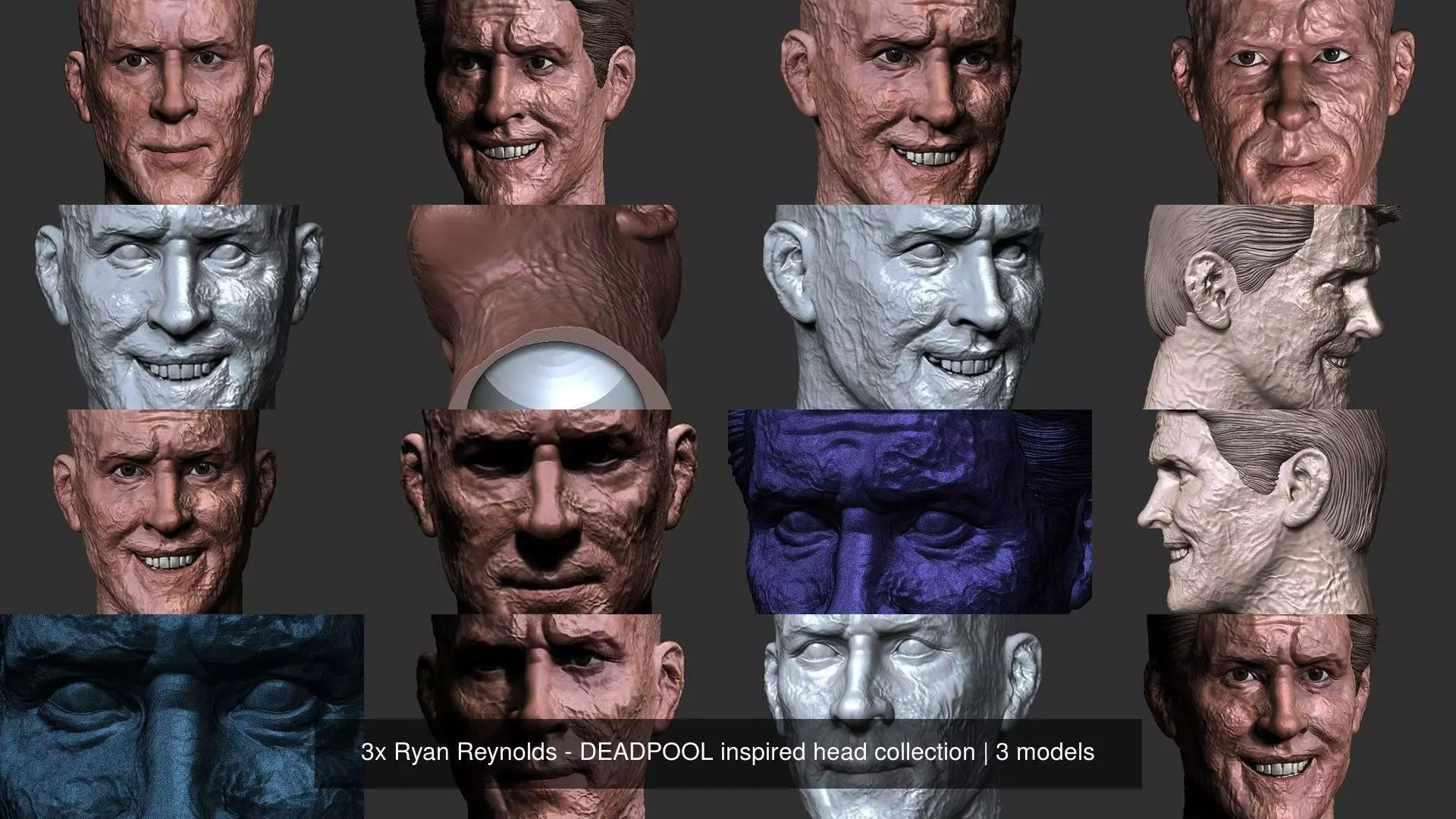 3x Ryan Reynolds - DEADPOOL inspired head collection _0