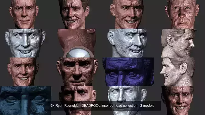 3x Ryan Reynolds - DEADPOOL inspired head collection