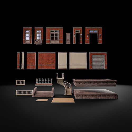 MODULAR BUILDING WITH INTERIOR KITBASH 01 Low-poly 3D model 3