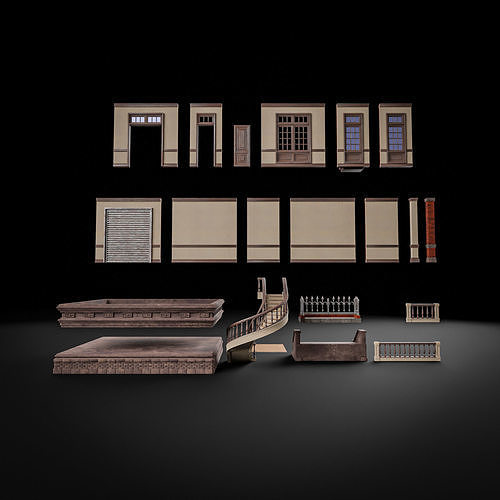 MODULAR BUILDING WITH INTERIOR KITBASH 01 Low-poly 3D model 7