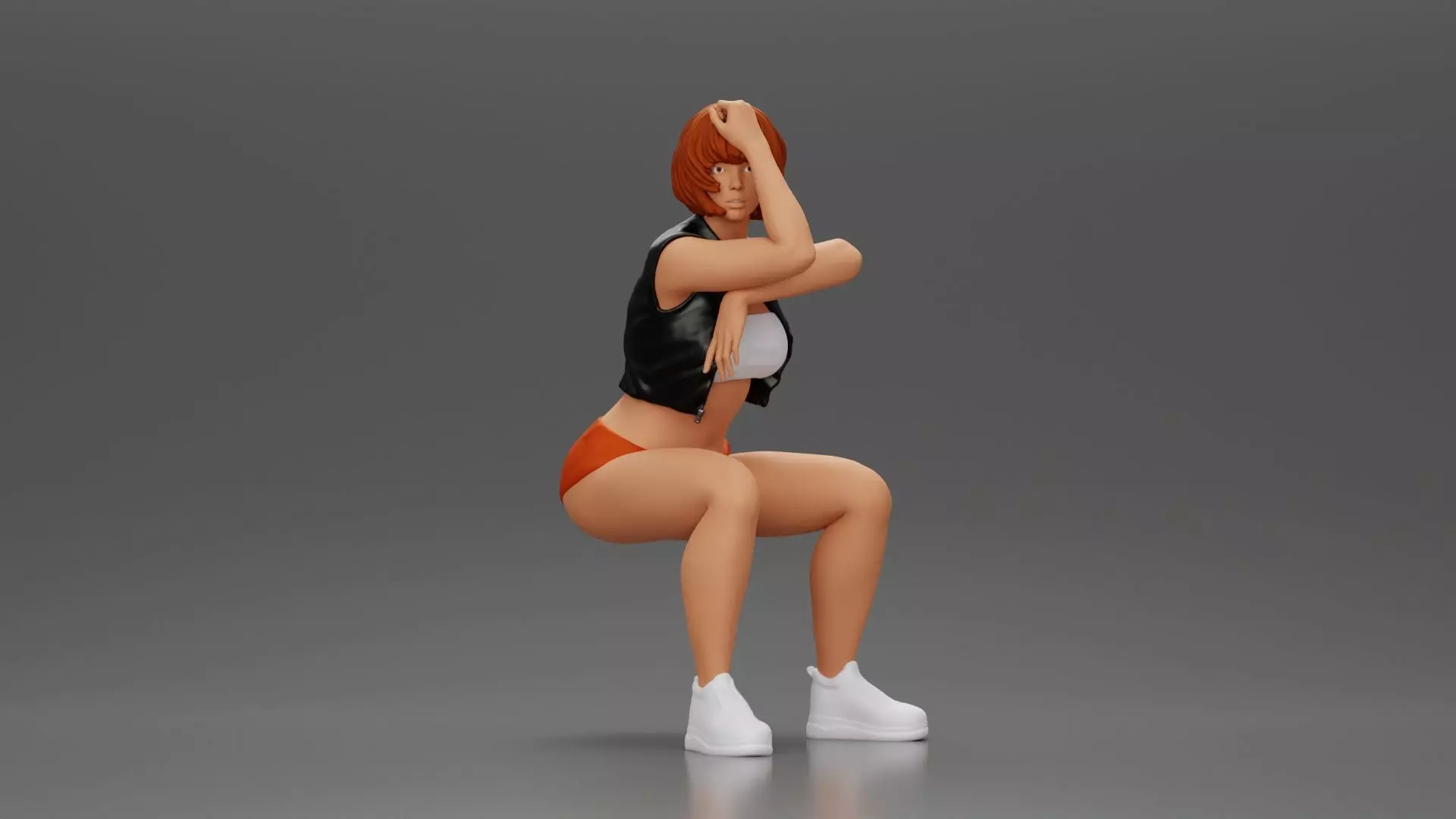 Girl in Mini Leather Jacket Shorts Sitting Leaning with Hands 3D print model