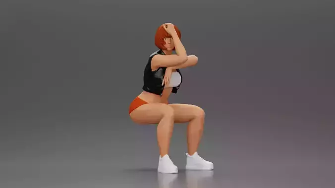 Girl in Mini Leather Jacket Shorts Sitting Leaning with Hands