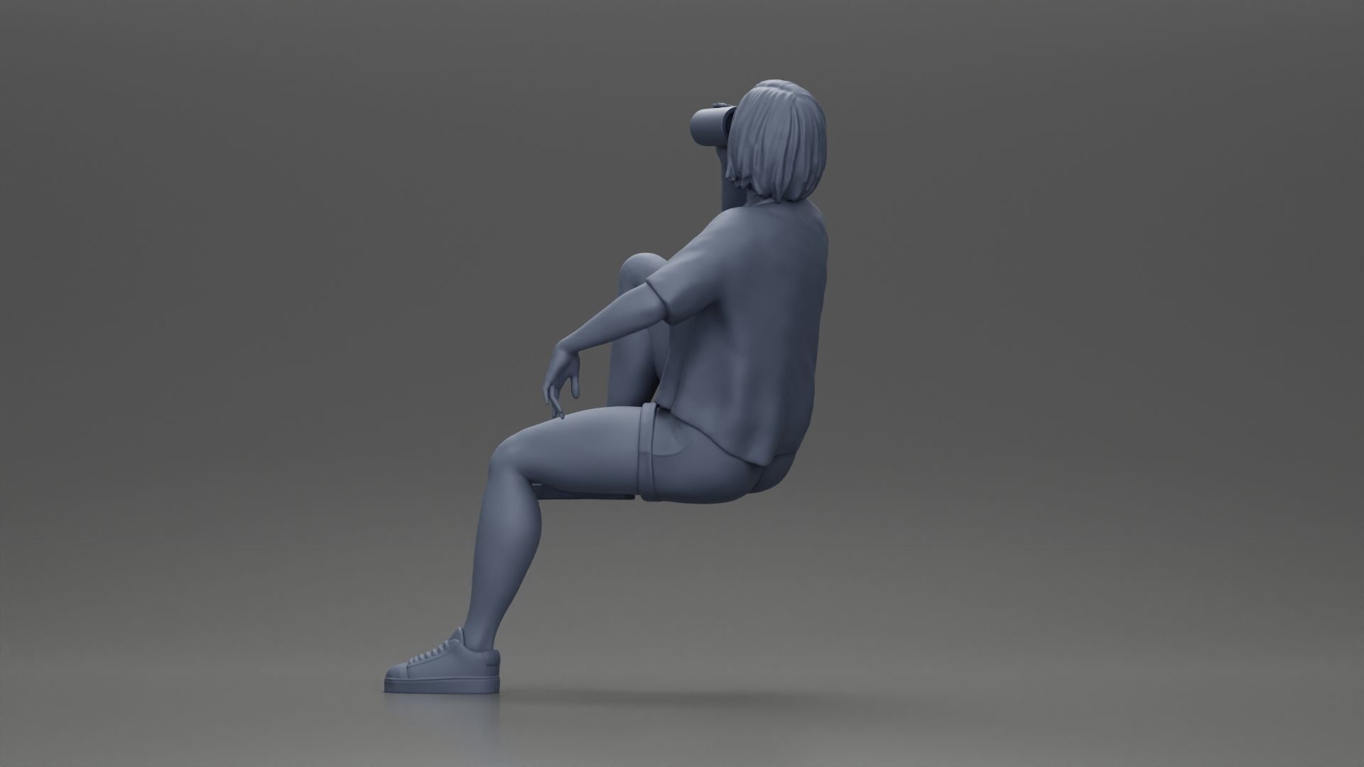 woman sitting on chair hugging her pulled-up leg while drinking 3D print model_11
