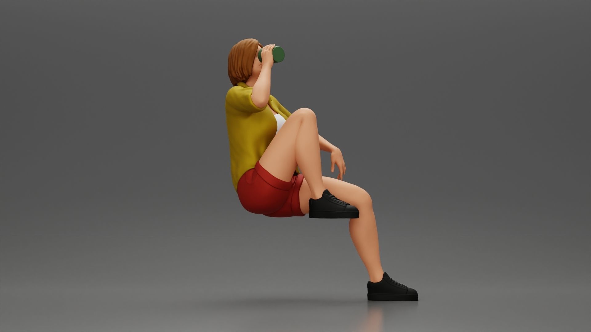 woman sitting on chair hugging her pulled-up leg while drinking 3D print model_2
