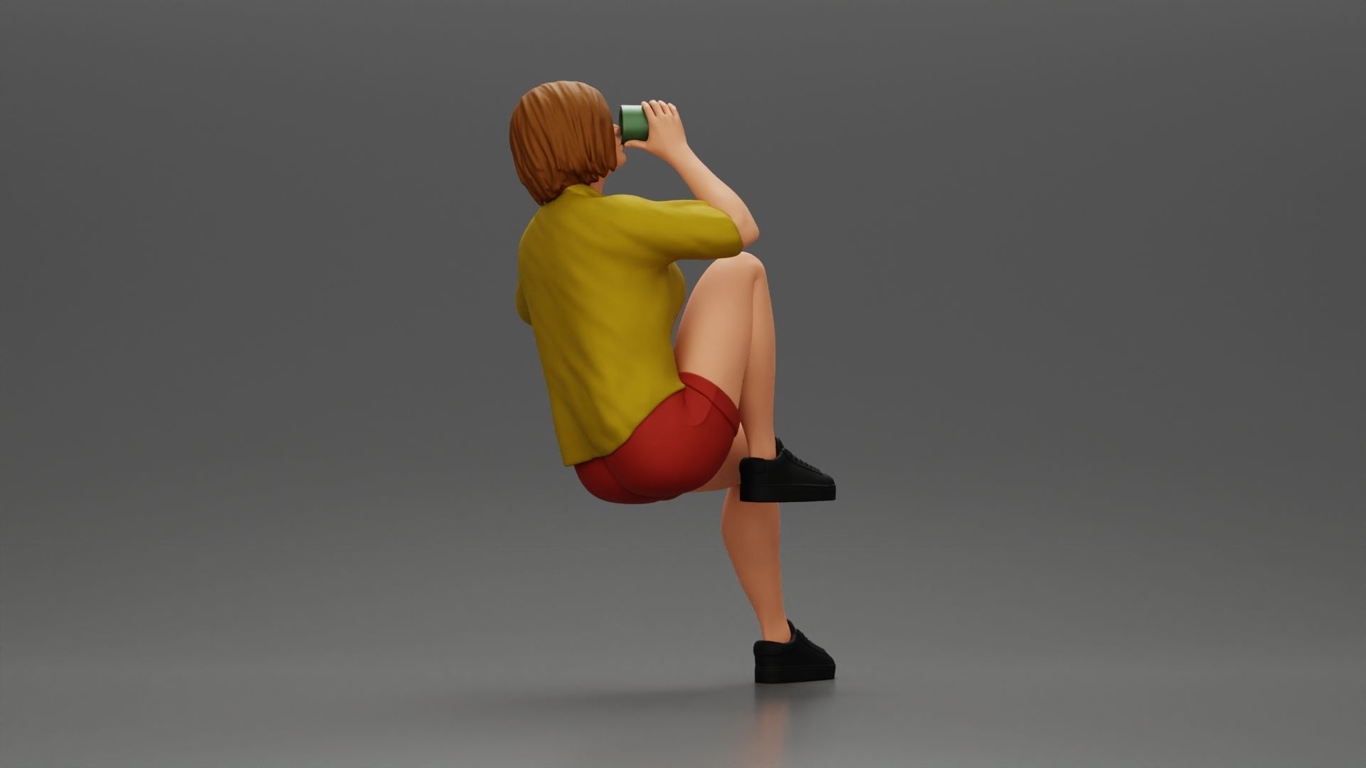 woman sitting on chair hugging her pulled-up leg while drinking 3D print model_3