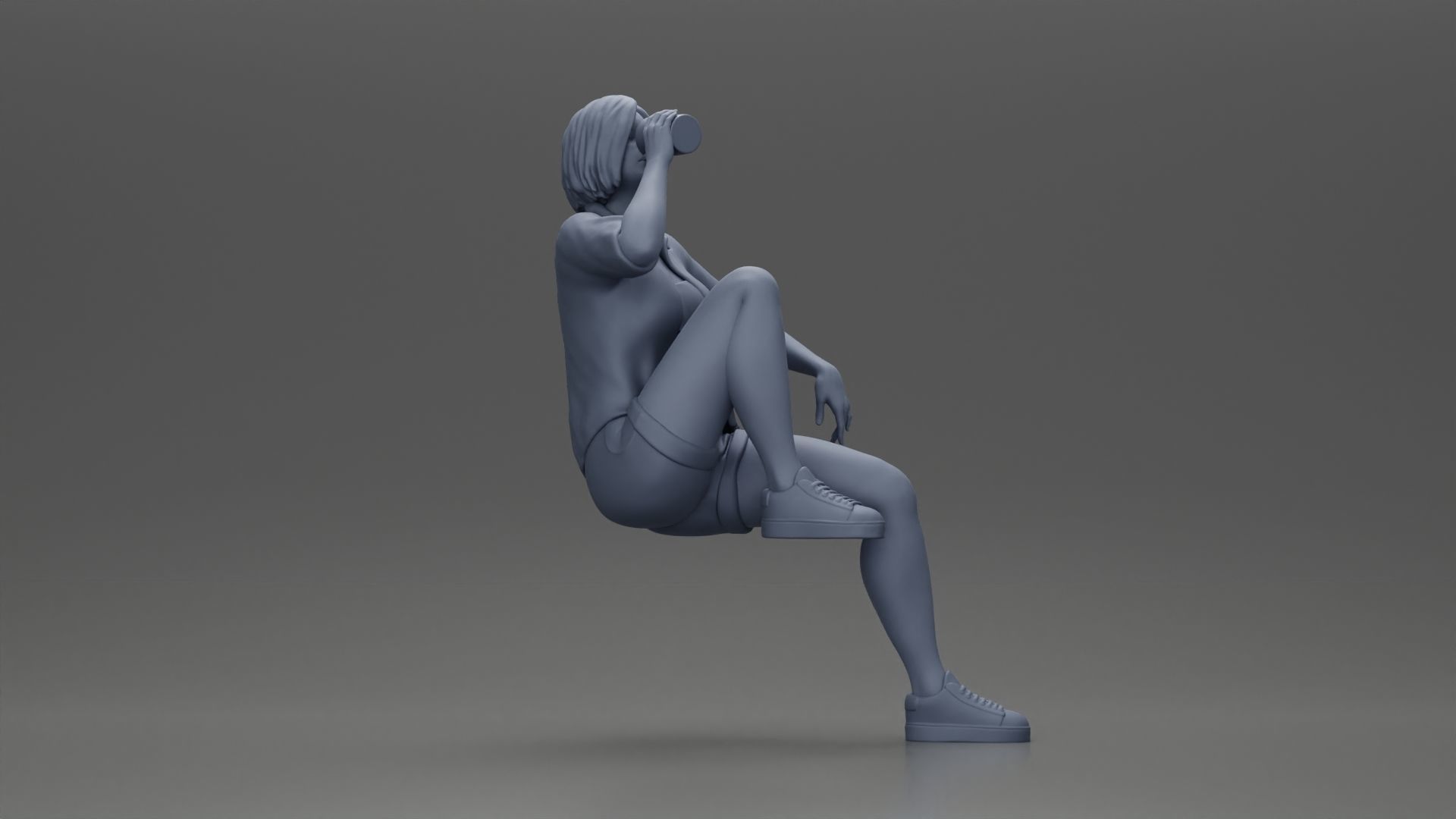 woman sitting on chair hugging her pulled-up leg while drinking 3D print model_8