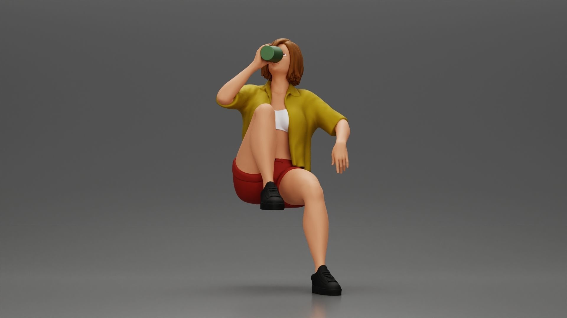 woman sitting on chair hugging her pulled-up leg while drinking 3D print model_1
