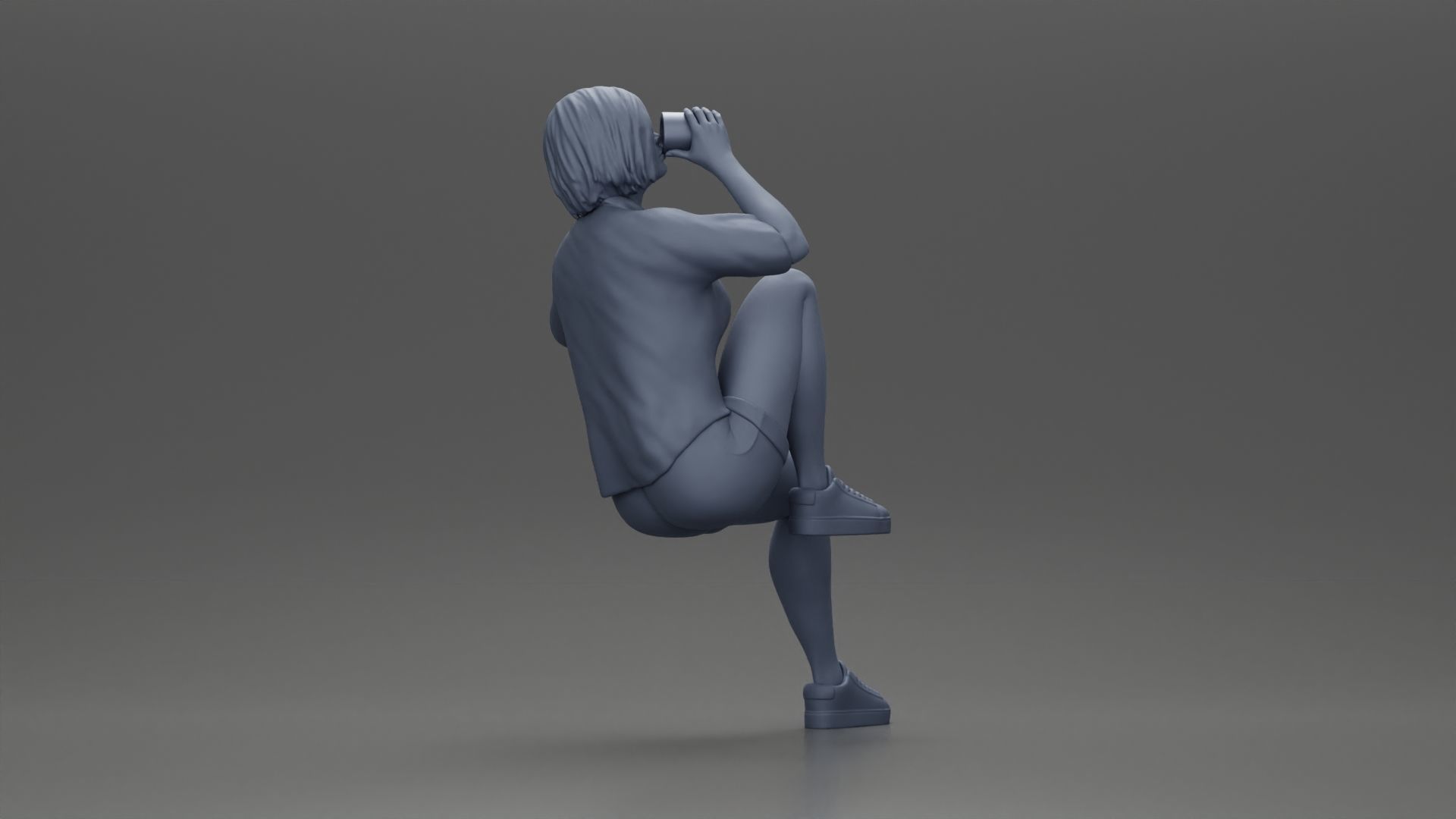 woman sitting on chair hugging her pulled-up leg while drinking 3D print model_9