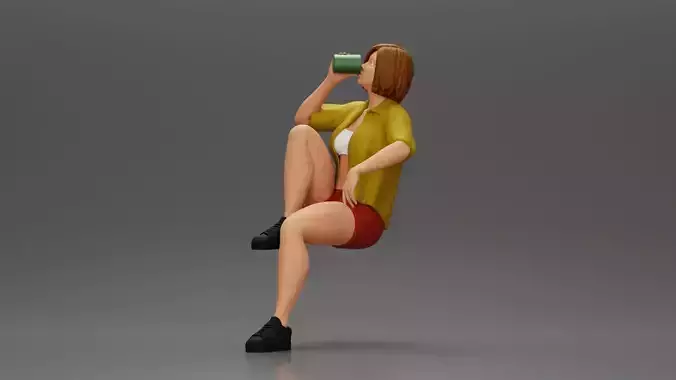 woman sitting on chair hugging her pulled-up leg while drinking 3D print model