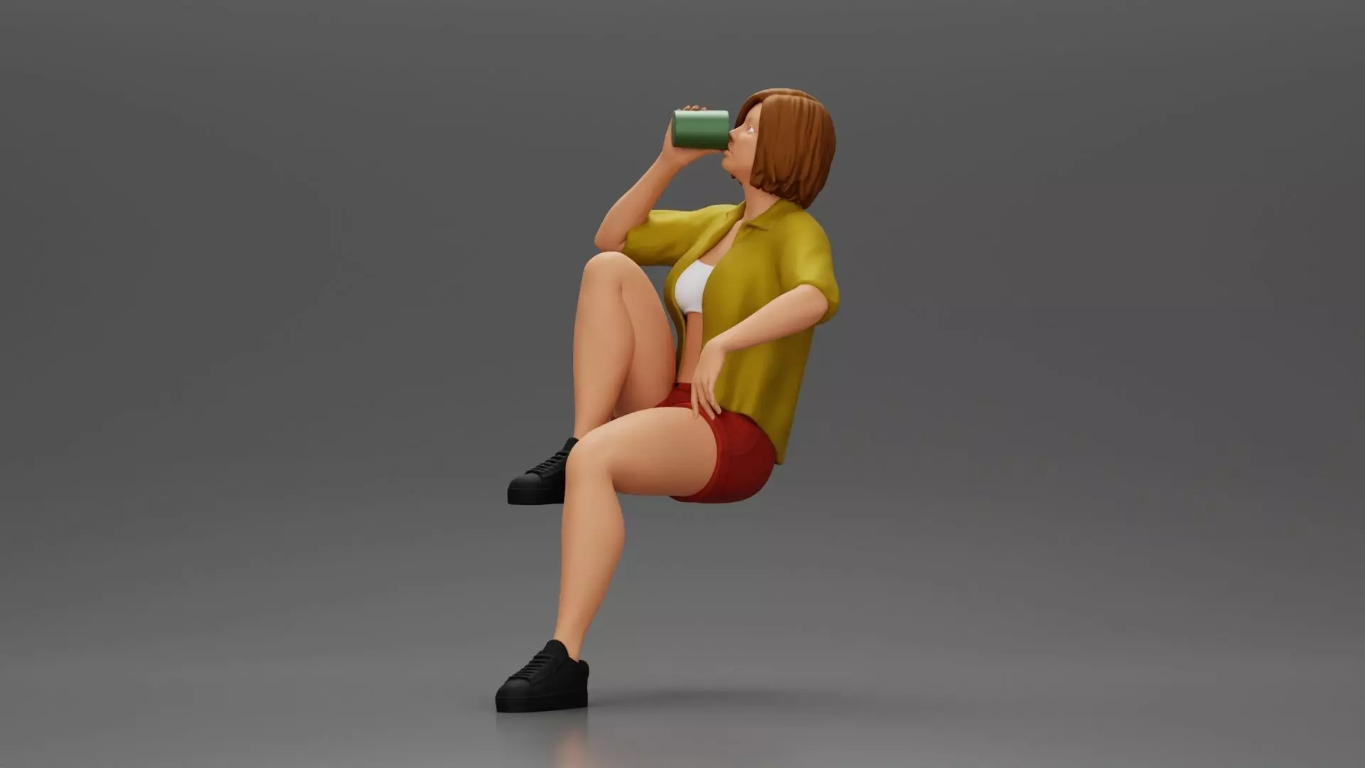 woman sitting on chair hugging her pulled-up leg while drinking 3D print model_0