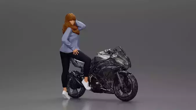 woman in shirt long hair posing with foot resting on motorcycle