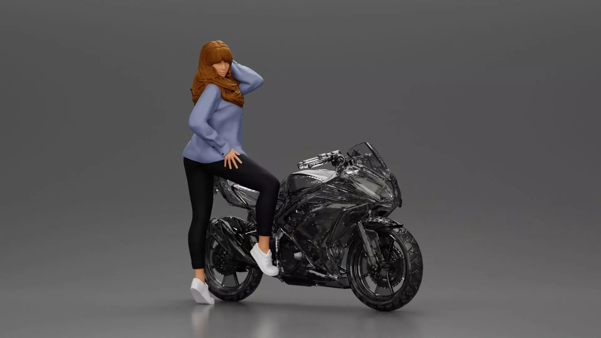 woman in shirt long hair posing with foot resting on motorcycle 3D print model