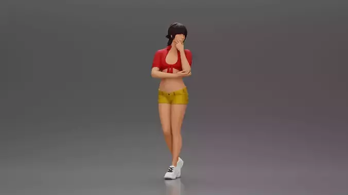 sexy girl in mini shirt and shorts standing and contemplating