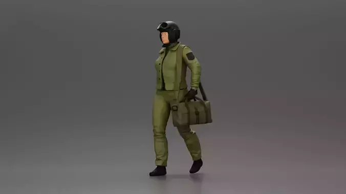 Pilot Woman Walking with Military Helmet Emergency Shoulder Bag
