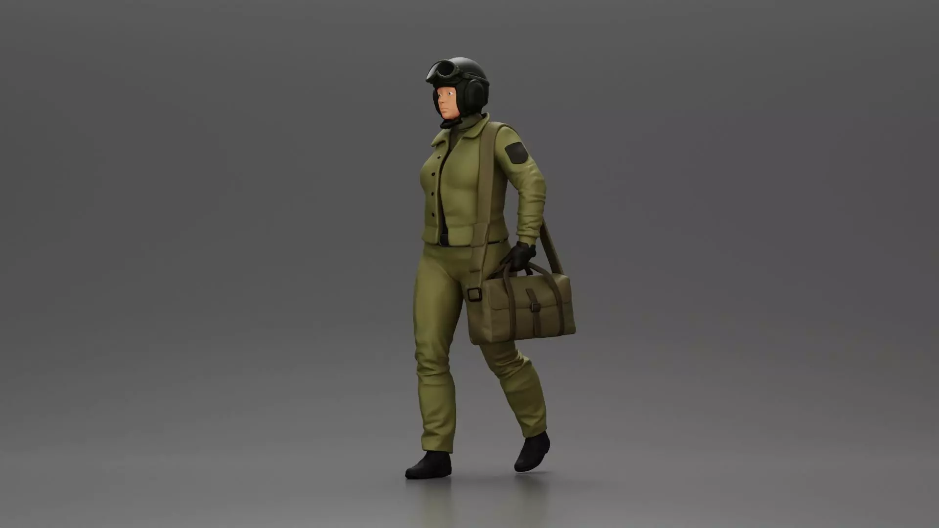 Pilot Woman Walking with Military Helmet Emergency Shoulder Bag 3D print model