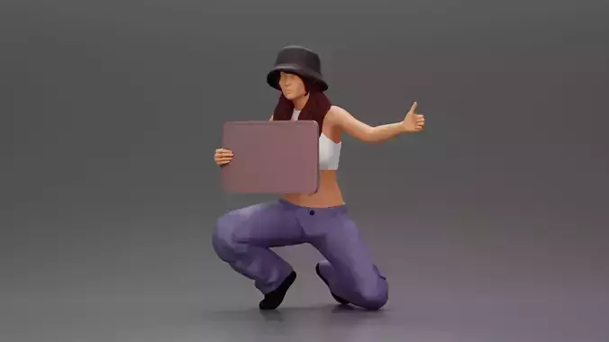 Girl wearing hat and pants sitting holding sign and hitchhiking