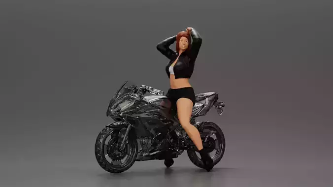 Girl on the motorbike stopping and putting hands on hair