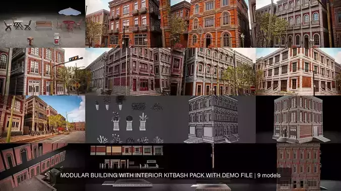 MODULAR BUILDING WITH INTERIOR KITBASH PACK WITH DEMO FILE 3D Model Collection