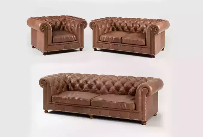 Chesterfield Traditional Tufted Classic Sofa Set 3D model