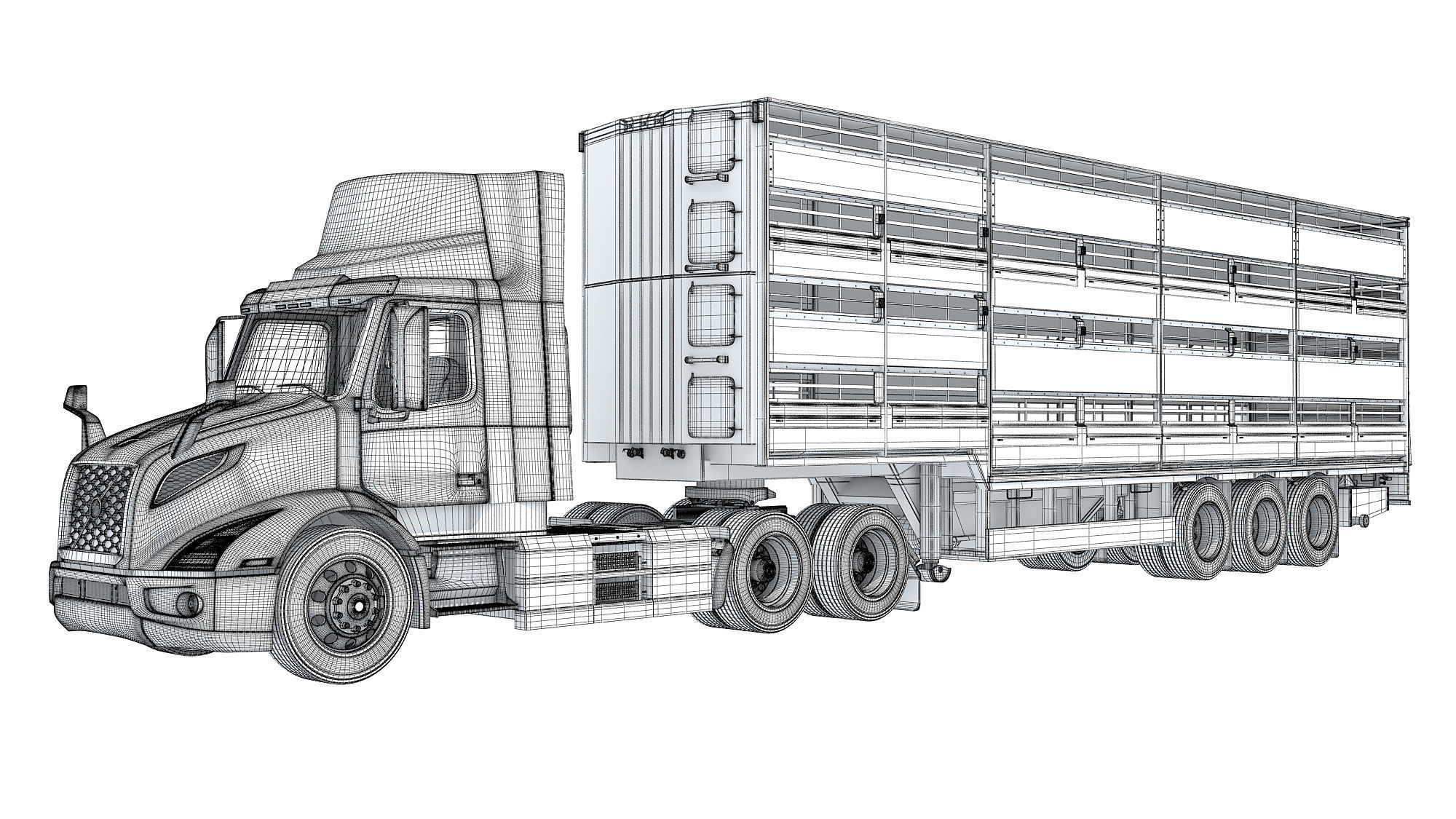 Animal Transporter Semi Truck and Trailer 3D model_16