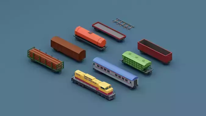 Stylized Train and Railroad  Wagons Low-poly 3D model