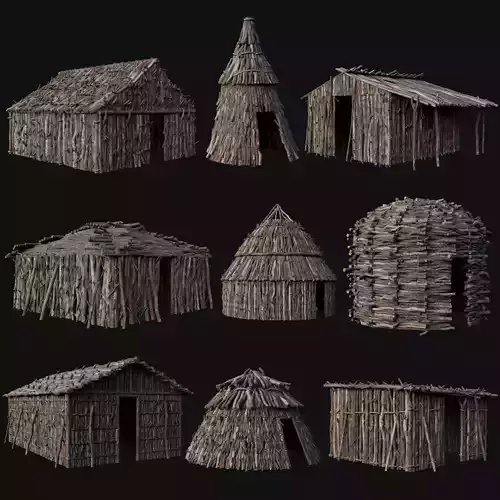 PRIMITIVE STICK HUTS SHELTER COTTAGE HOUSE PRIMAL COLLECTION AAA