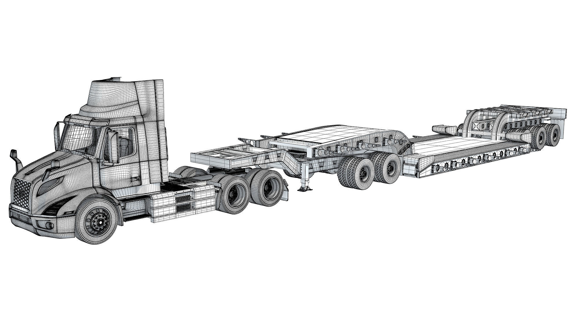 Semi Truck with Lowboy Trailer 3D model_17