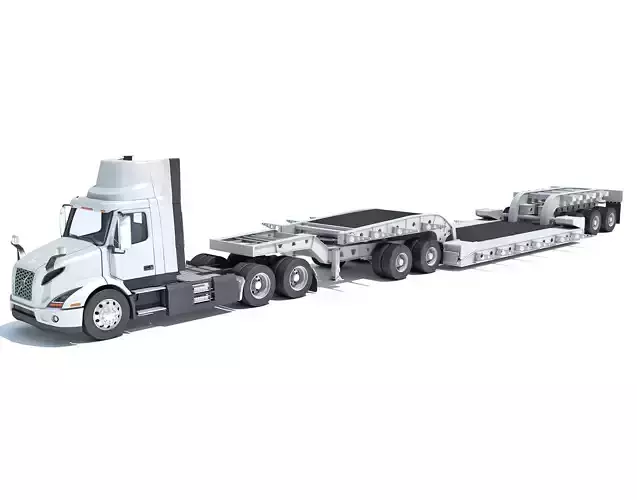 Semi Truck with Lowboy Trailer 3D model