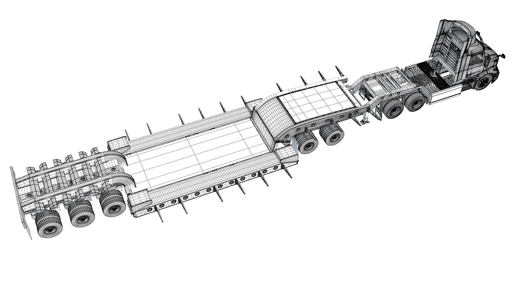 Semi Truck with Lowboy Trailer 3D model_19