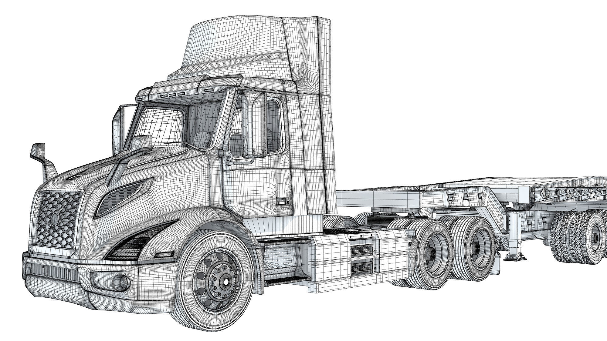 Semi Truck with Lowboy Trailer 3D model_20
