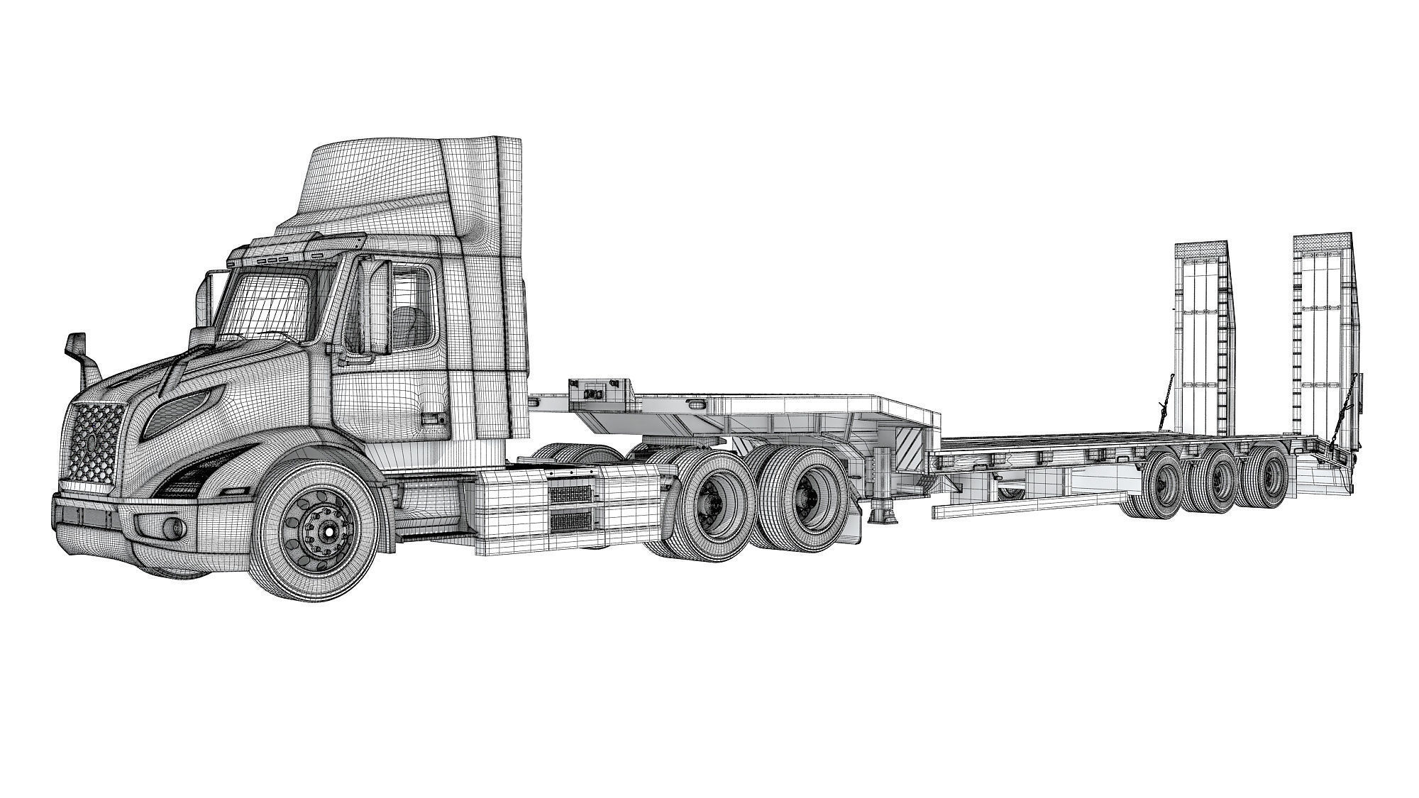 Semi-Truck with Platform Trailer 3D model_17