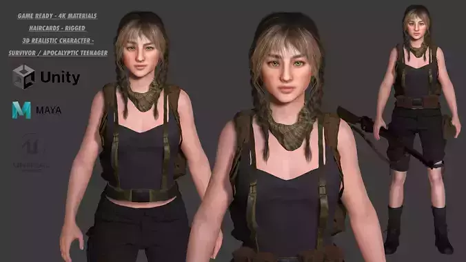 AAA 3D REALISTIC CHARACTER -TEENAGE GIRL SURVIVOR APOCALYPTIC 03 Low-poly 3D model