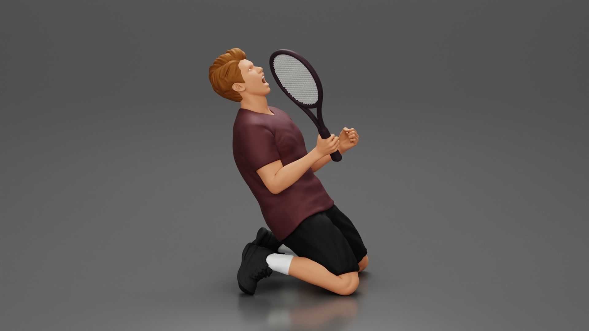 tennis player holding racket sits in celebration of his victory 3D print model_2