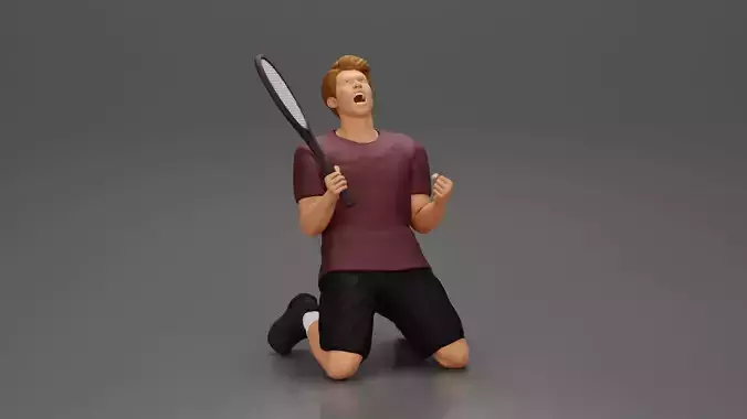 tennis player holding racket sits in celebration of his victory 3D print model