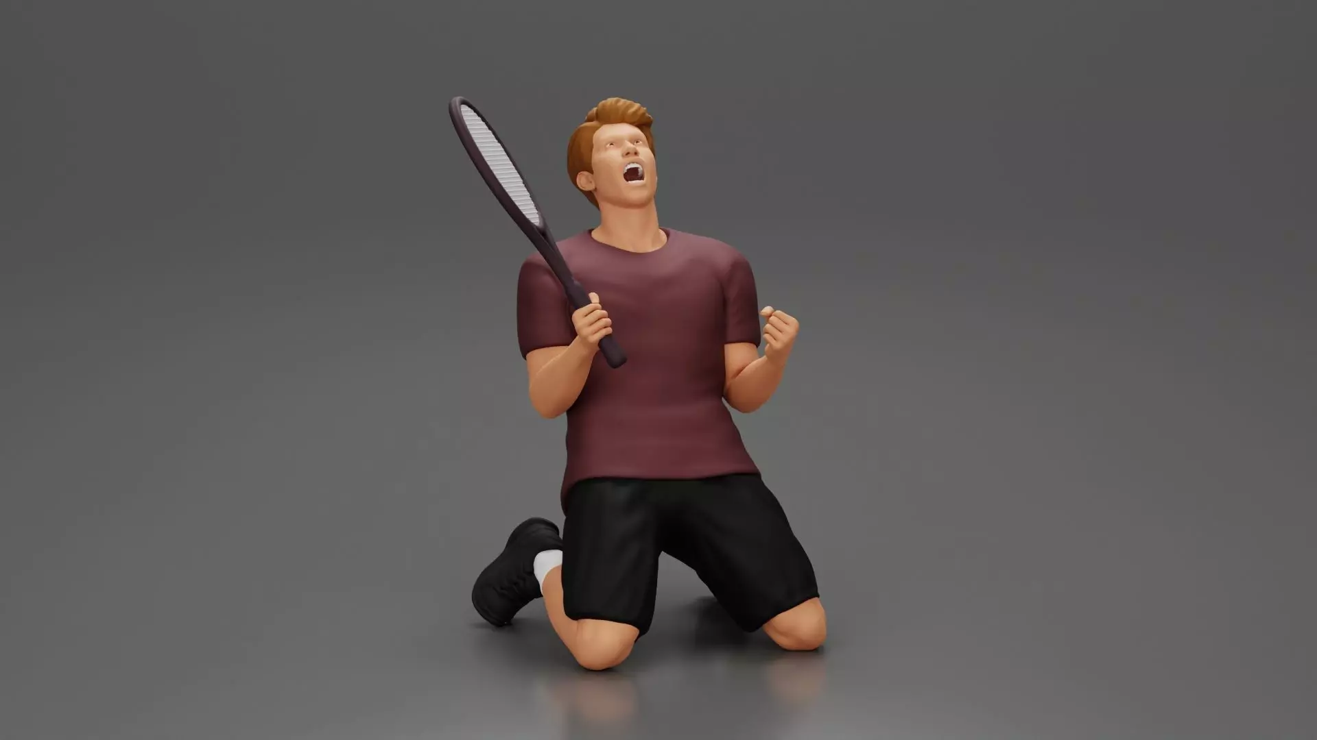 tennis player holding racket sits in celebration of his victory 3D print model_0