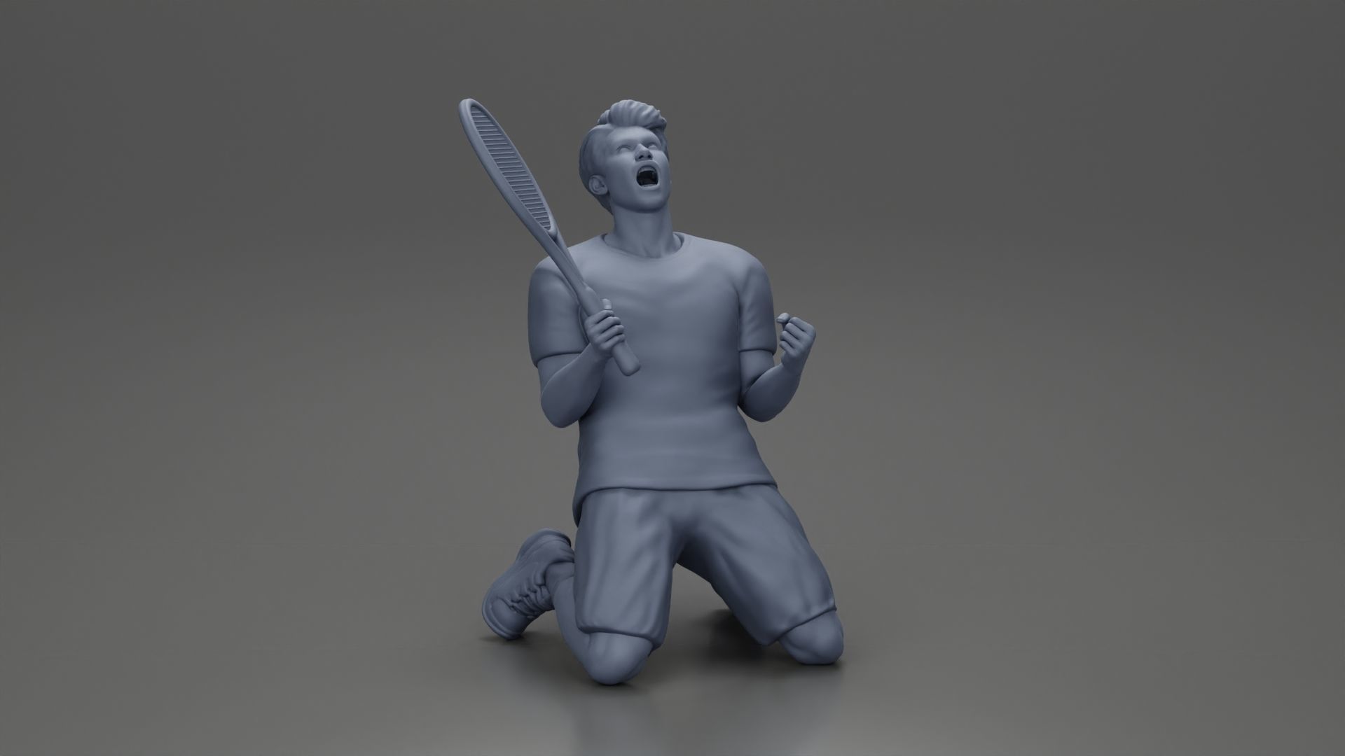tennis player holding racket sits in celebration of his victory 3D print model_7