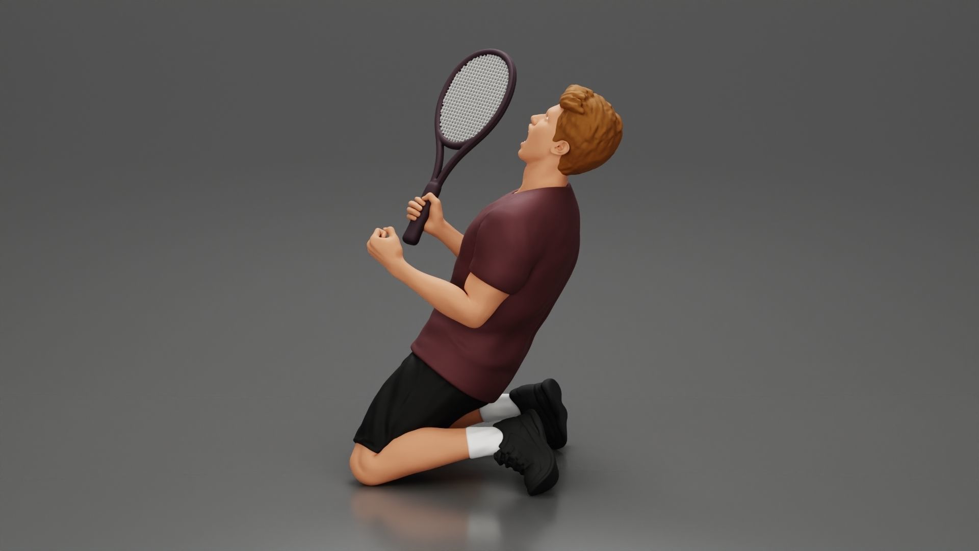 tennis player holding racket sits in celebration of his victory 3D print model_5