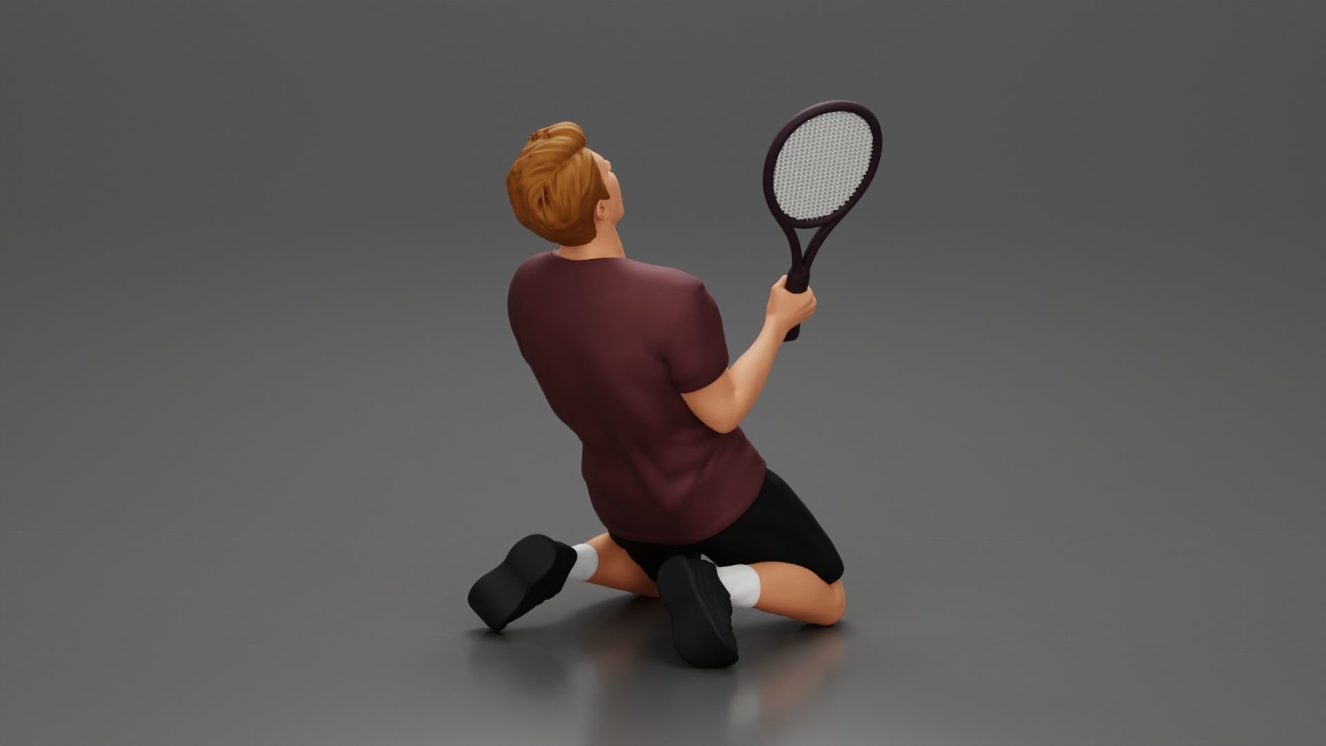tennis player holding racket sits in celebration of his victory 3D print model_3