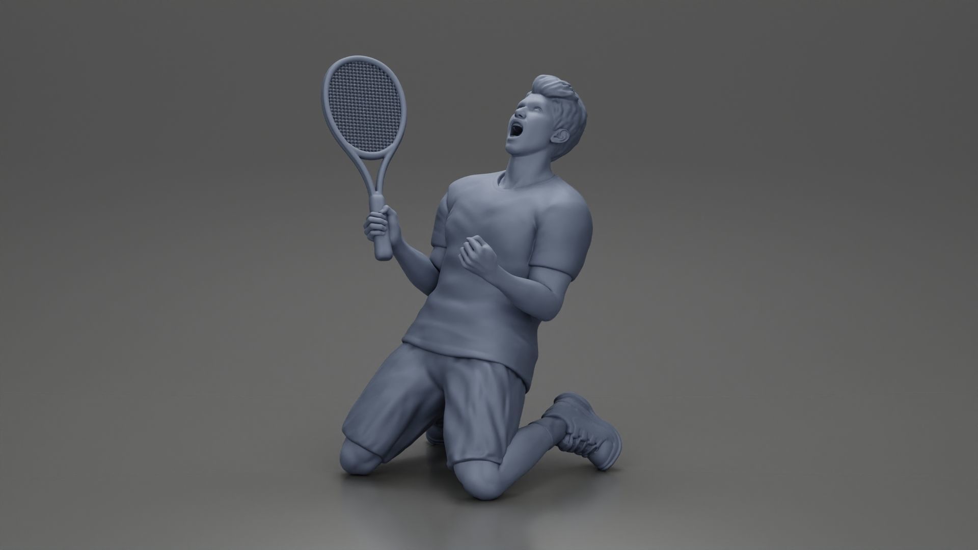 tennis player holding racket sits in celebration of his victory 3D print model_12