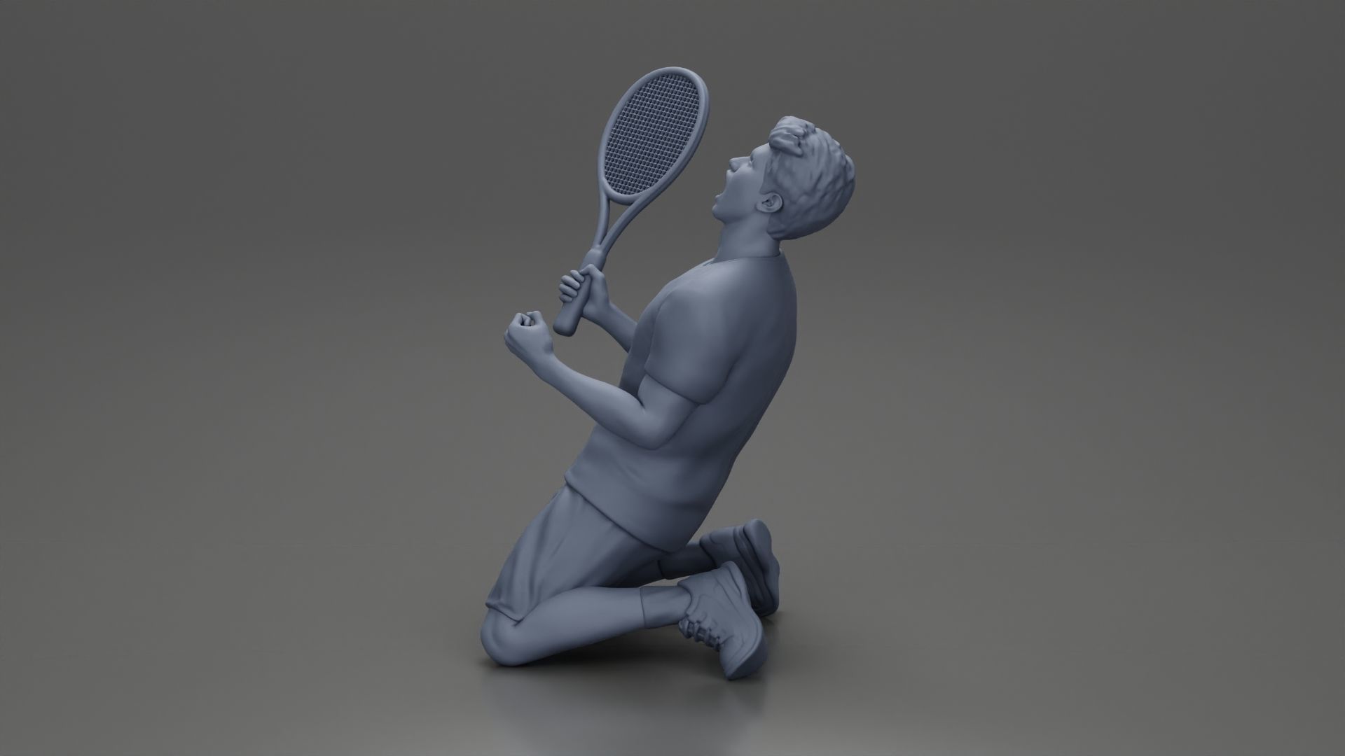 tennis player holding racket sits in celebration of his victory 3D print model_11