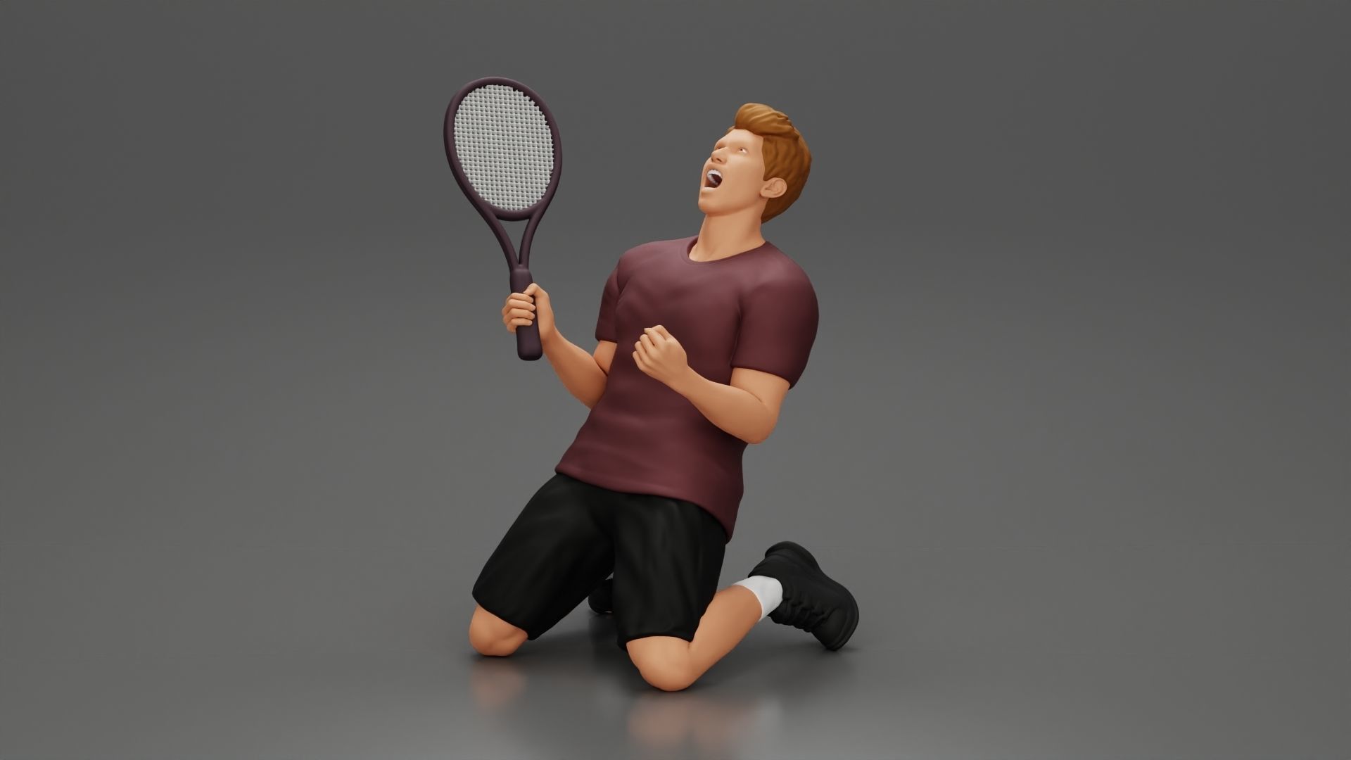 tennis player holding racket sits in celebration of his victory 3D print model_6
